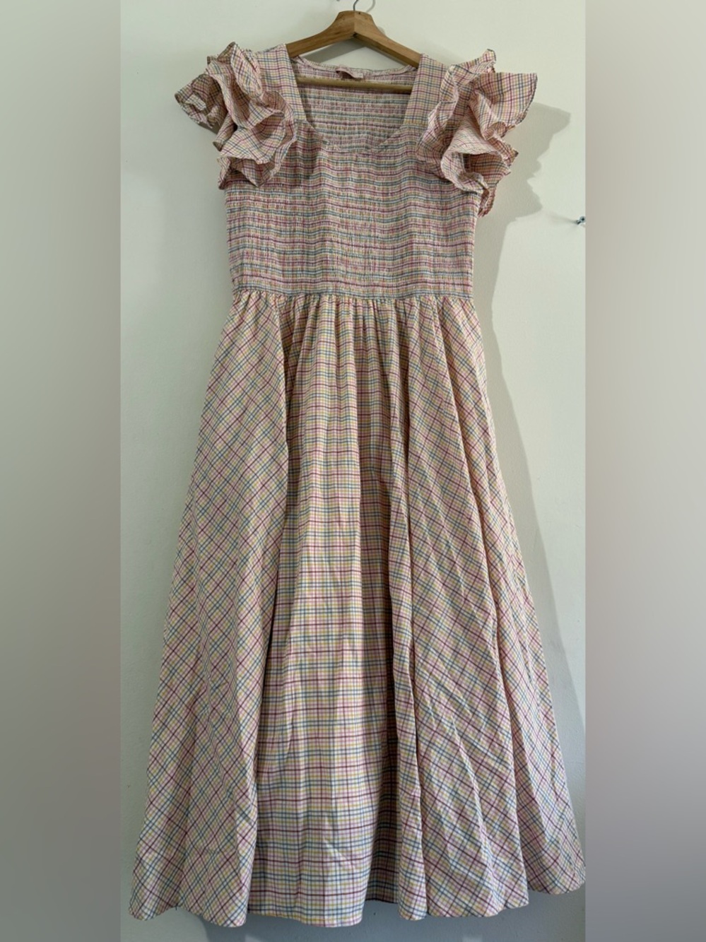 Ivy City Co Pastel Plaid Ruffle-Sleeve Midi Dress